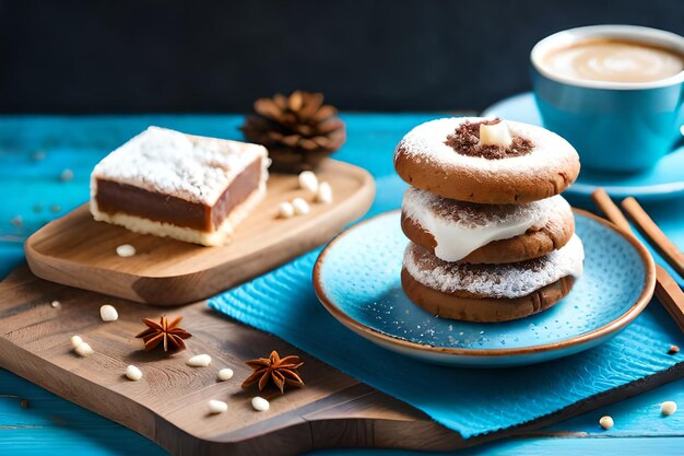 una pila di pasticcini su un piatto blu con una tazza di caffè.