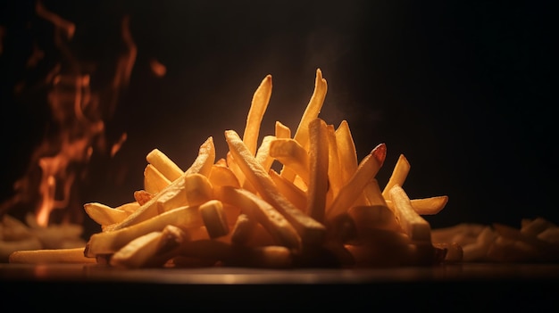 Una pila di patatine fritte viene mostrata su un piatto con un fuoco sullo sfondo.