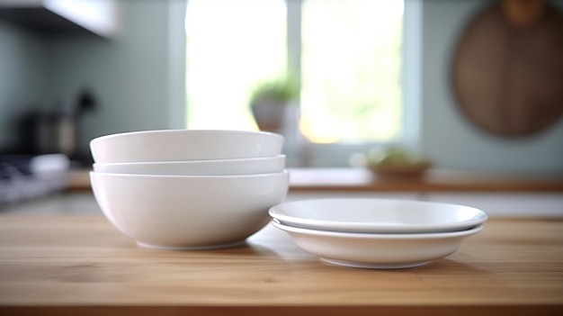 Una pila di piatti lavati puliti e lucidi 2 ciotole bianche su 3 piatti bianchi IA generativa