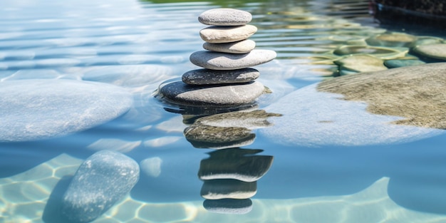 Una pila di pietre è impilata una sopra l'altra in uno specchio d'acqua.