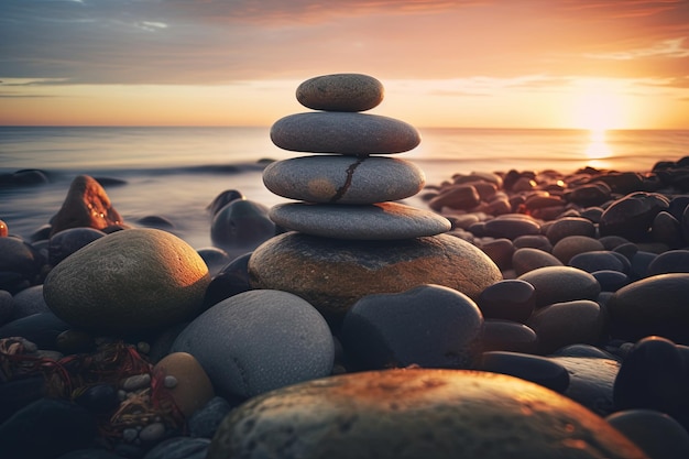 Una pila di pietre su una spiaggia di ciottoli al tramonto o all'alba Pietre Zen