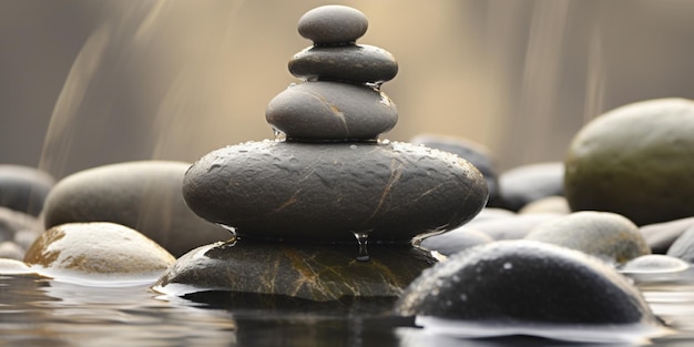Una pila di pietre zen si trova in cima a un gioco d'acqua.