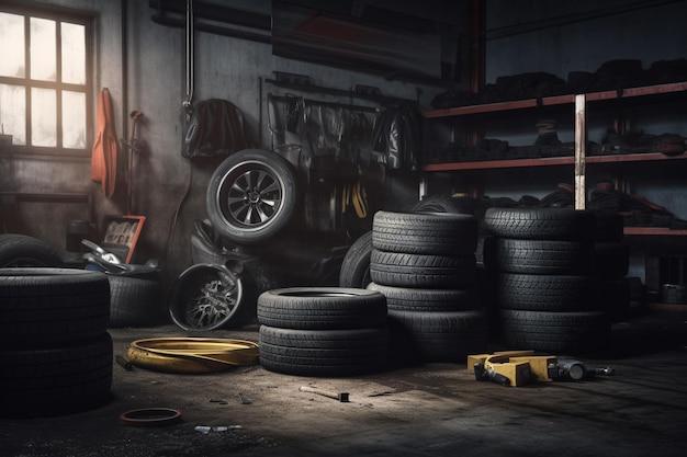 Una pila di pneumatici in un garage con una luce antincendio.