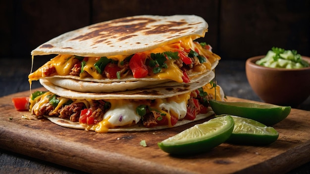 Una pila di quesadilla appena preparate su una tavola da taglio in legno rustico che mostra l'intricato