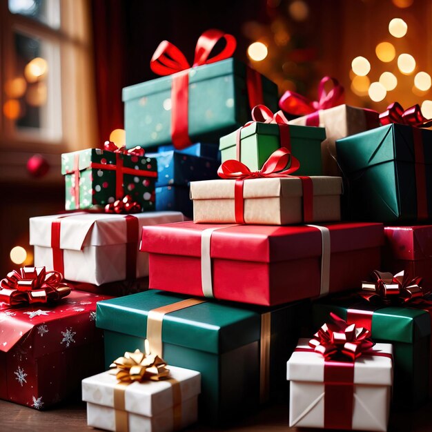 Una pila di regali di Natale decorati e avvolti, tradizione di condivisione dei regali natalizi