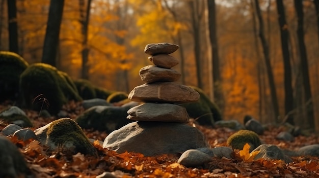 Una pila di rocce nella foresta con le foglie sul terreno