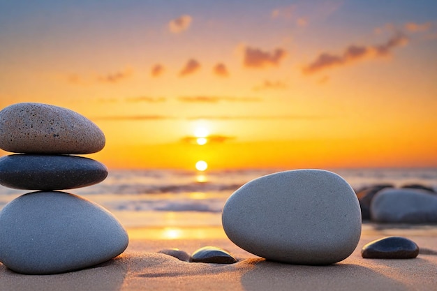 una pila di rocce su una spiaggia con un tramonto sullo sfondo