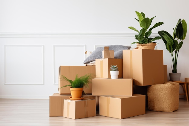 Una pila di scatole di cartone con oggetti domestici sul pavimento di legno nel soggiorno Trasferimento in una nuova casa