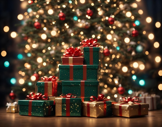 Una pila di scatole di regali di Natale sullo sfondo dell'albero di Natale