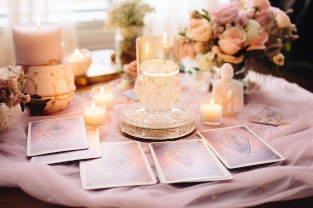 Una pila di tarocchi sparsi su un tavolo candele accese elementi magici delle streghe in colori pastello Cartomanzia previsioni dei tarocchi Illustrazione generativa di intelligenza artificiale