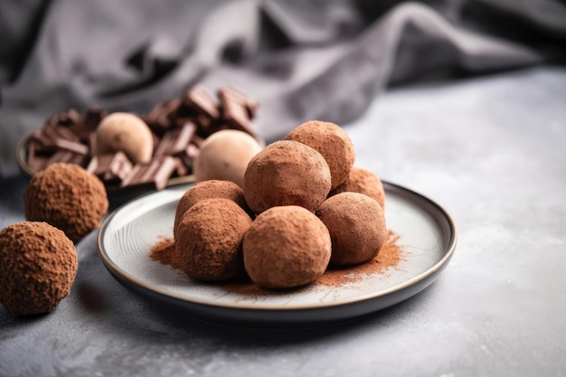 Una pila di tartufi di cioccolato su un piatto con pezzi di cioccolato sul lato.