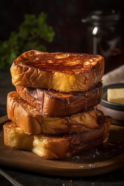 Una pila di toast alla francese con un piatto di burro in background.