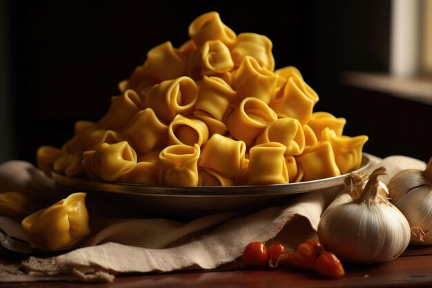 Una pila di tortellini freschi crudi su un piatto creato con l'IA generativa