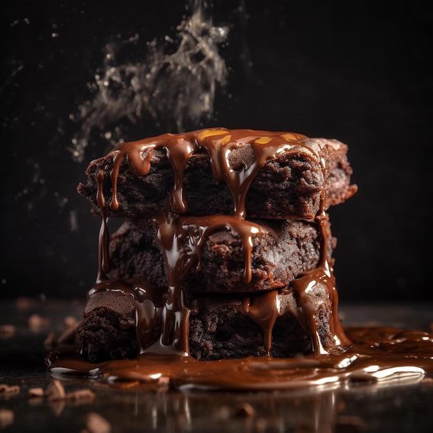 Una pila di tre brownies impilati con salsa al cioccolato condita sopra.