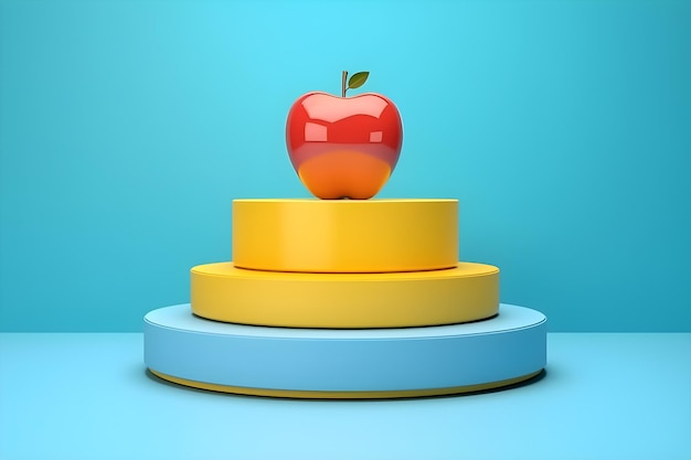 Una pila di tre torte gialle e blu si trova con una mela rossa in cima.