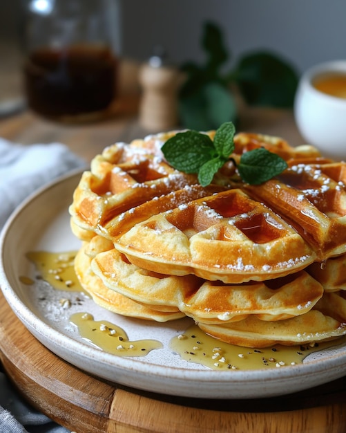 Una pila di waffle belga con sciroppo e foglie di menta sul piatto