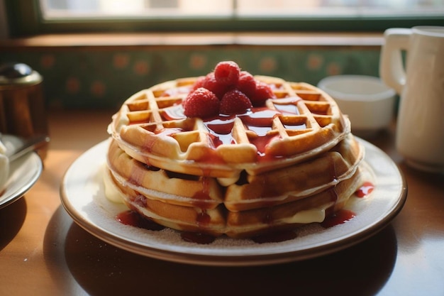 Una pila di waffle con sopra i lamponi