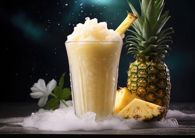 Una Pina Colada in vetro smerigliato con condensa che si forma all'esterno mettendo in risalto i suoi rif