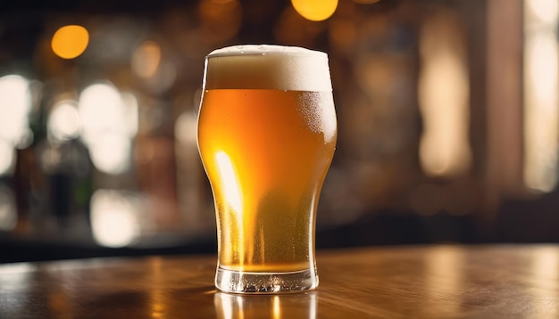 una pinta di birra artigianale con una testa schiumosa servita in un bicchiere raffreddato pieno