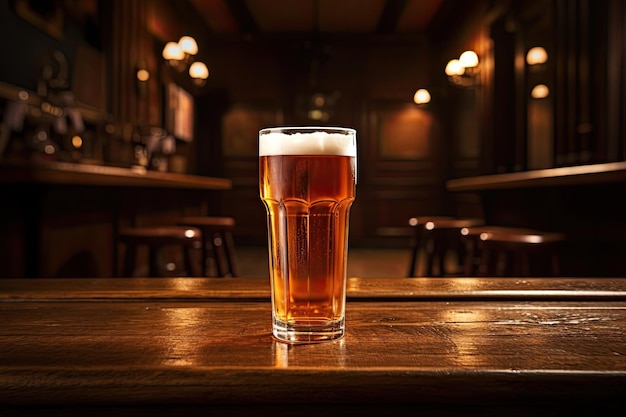 Una pinta di birra chiara in una taverna poco illuminata