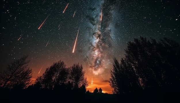 Una pioggia di meteoriti nel cielo con una pioggia di meteoriti sullo sfondo