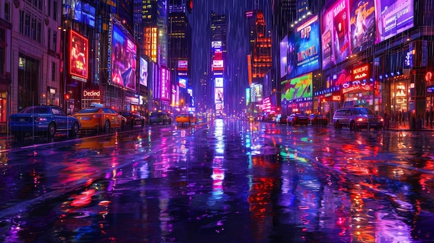 Una pioggia trasforma una strada della città in una tela di luci al neon riflesse.