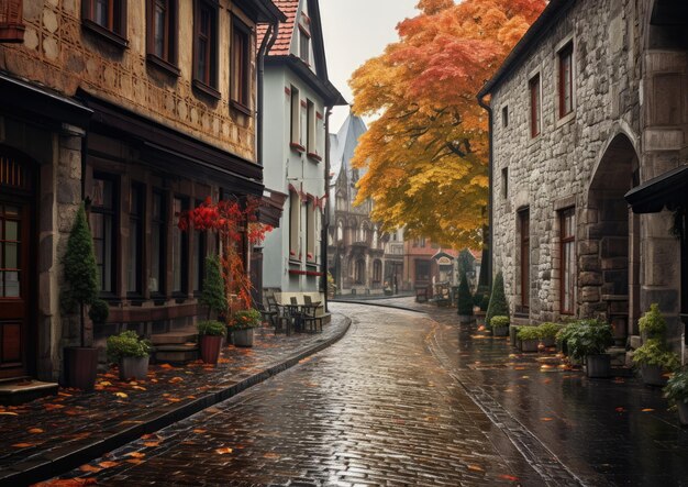 Una piovosa giornata autunnale in una città storica con strade di pietra