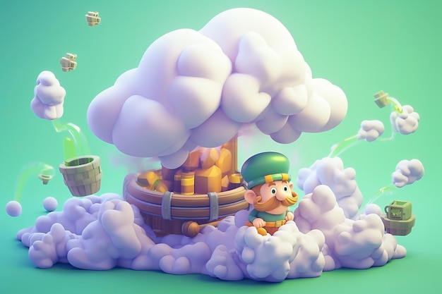 Una pipa di leprechaun dai cartoni animati con forme di fumo a colori pastello morbido rendering di icona in argilla 3D