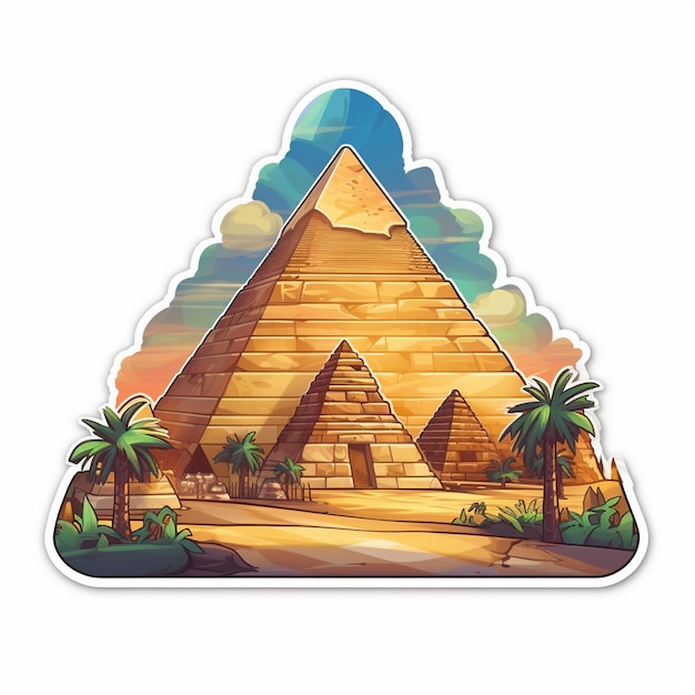 Una piramide con palme e una piramide con palmeri sullo sfondo.