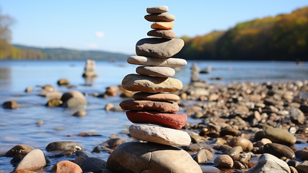 Una piramide di pietre sullo sfondo di un fiume di montagna e di una foresta verde Il tema dell'equilibrio e dell' equilibrio