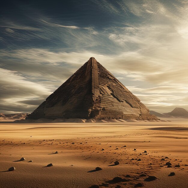 una piramide è nel deserto con il sole che tramonta dietro di essa