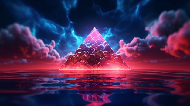 Una piramide galleggiante su uno specchio d'acqua sereno