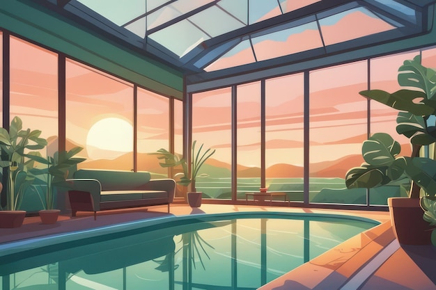 Una piscina all'interno della stanza all'alba in stile flat art