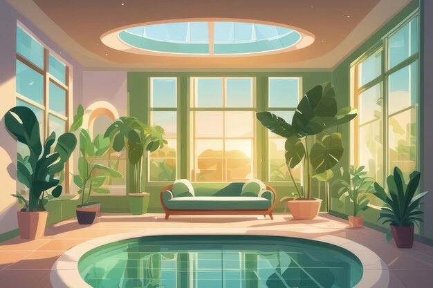 Una piscina all'interno della stanza all'alba in stile flat art