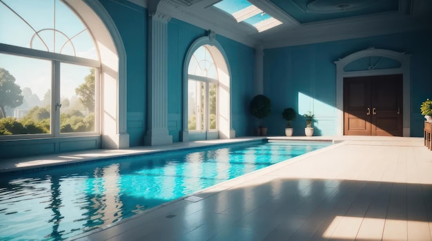 Una piscina all'interno di una stanza moderna con tonalità blu