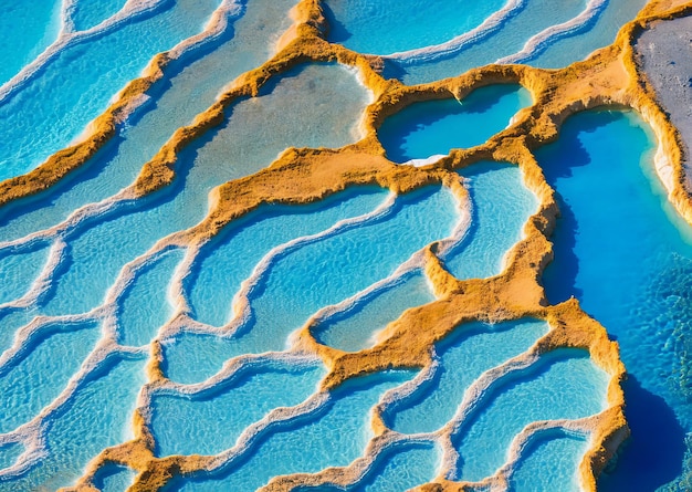 Una piscina blu con acqua e sabbia sul fondo.