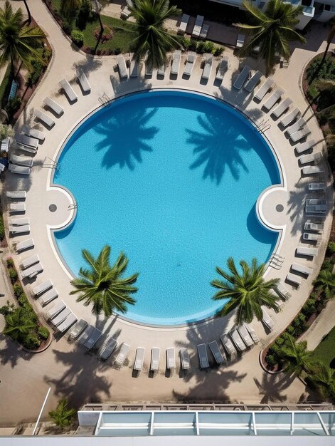 una piscina blu con palme e una palma al centro