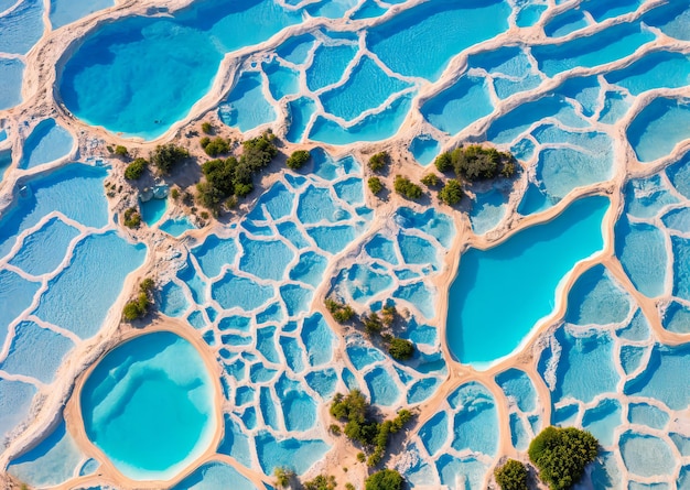 Una piscina blu con una piscina blu con acqua e alberi sullo sfondo.