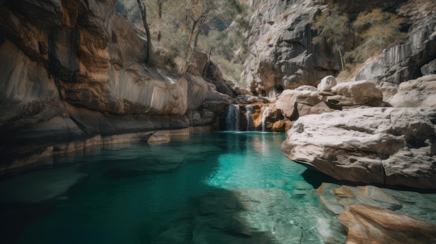 Una piscina blu in un canyon con una cascata sullo sfondo.