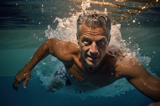 una piscina che nuota un uomo in costume da bagno nello stile del movimento energico