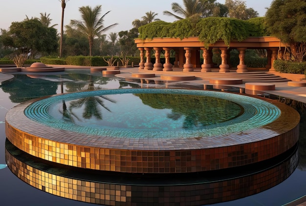 una piscina circolare rotonda in un giardino residenziale nello stile del bronzo e del blu