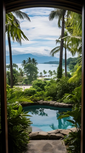 una piscina circondata da palme con vista sull'oceano Finestra vista dalla finestra del resort