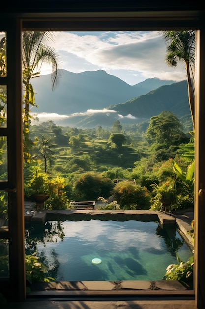 una piscina circondata da rigogliosi alberi e montagne Finestra vista dalla finestra del resort