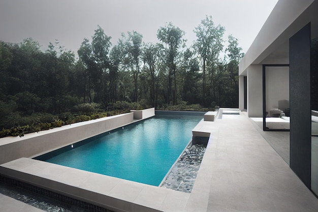 Una piscina con acqua blu al centro