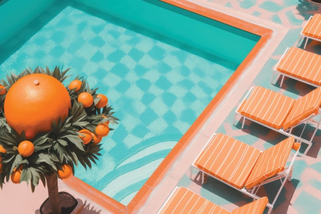 Una piscina con arance e un albero accanto