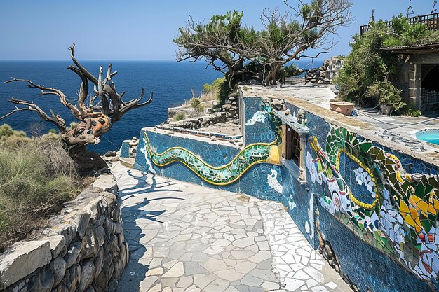 Una piscina con disegni artistici in mosaico