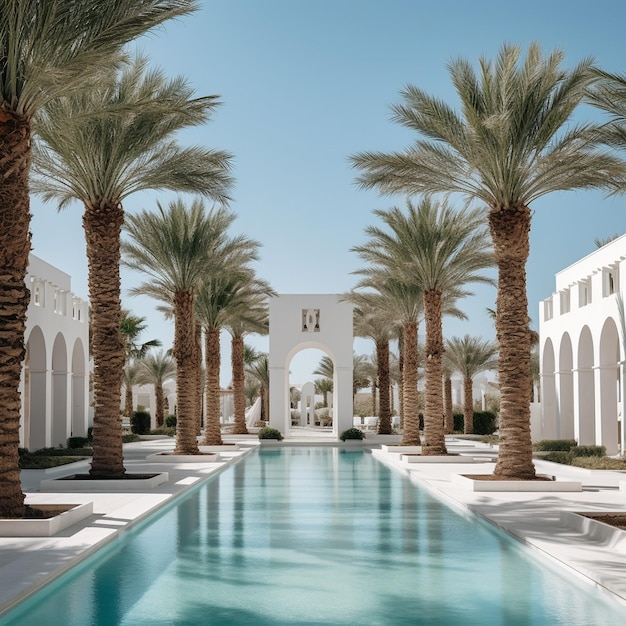 una piscina con palme e un edificio sullo sfondo.