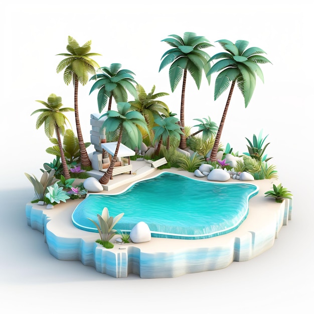 una piscina con palme e una piscina con una piscina al centro.