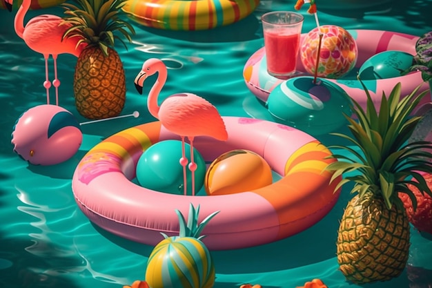 Una piscina con sopra un fenicottero e un ananas