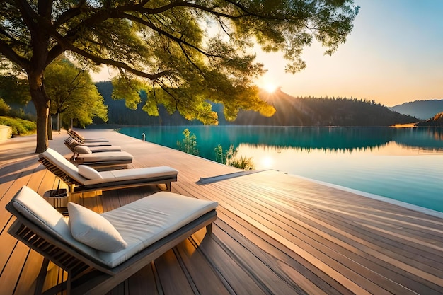 Una piscina con un albero in primo piano e un tramonto sullo sfondo